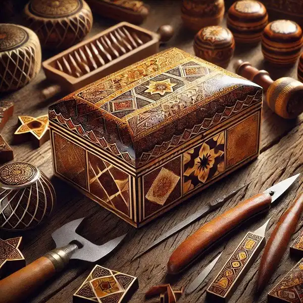 نمونه ای از خاتم کاری شیراز، صنایع دستی شیراز که در آن هنر استادان ماهر با استفاده از چوب و فلزات گرانبها به شکل‌های زیبا و پیچیده طراحی شده است.