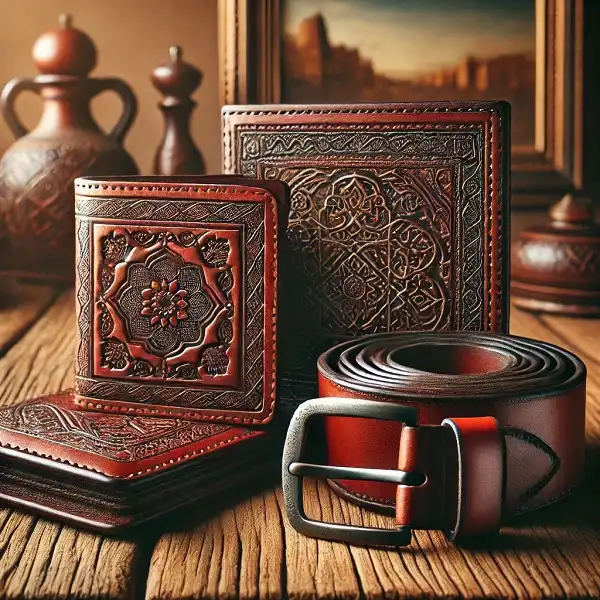  تصویر از محصولات چرمی تبریز شامل کیف پول، کمربند دست دوز و دفترچه چرمی