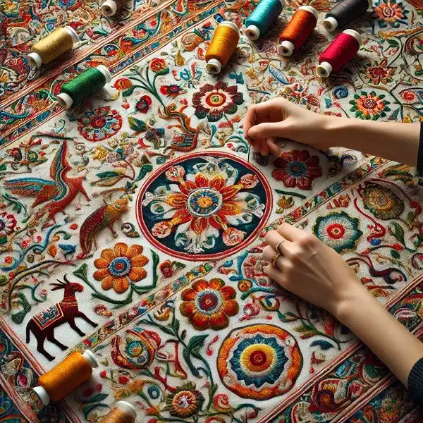 صنایع دستی کرمان - پته دوزی کرمانی با طرح های پیچیده و رنگارنگ شامل گل ها و اشکال هندسی، با دقت بالا و نخ های ابریشمی در حال دوخت بر روی پارچه