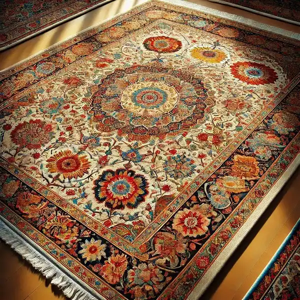 قالی از صنایع دستی کرمان با طرح های سنتی و رنگ های گرم و طبیعی شامل قرمز، آبی و طلایی، با بافت دقیق و جزئیات ظریف در یک فضای سنتی