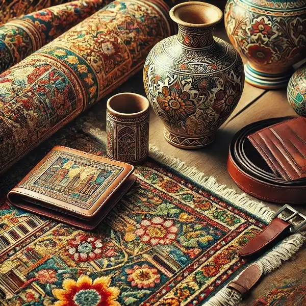 تصویر نزدیک از صنایع دستی تبریز شامل فرش دستباف، محصولات چرمی و یک گلدان سرامیکی با طرح های سنتی ایرانی