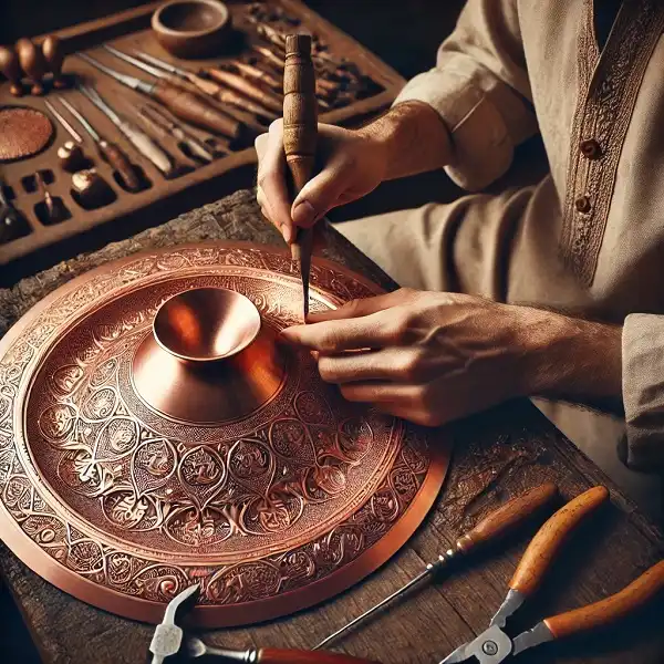 در این مرحله، مس با قلم زنی به شکل دلخواه درمی آید و الگوهای برجسته روی سطح آن ایجاد می شود.