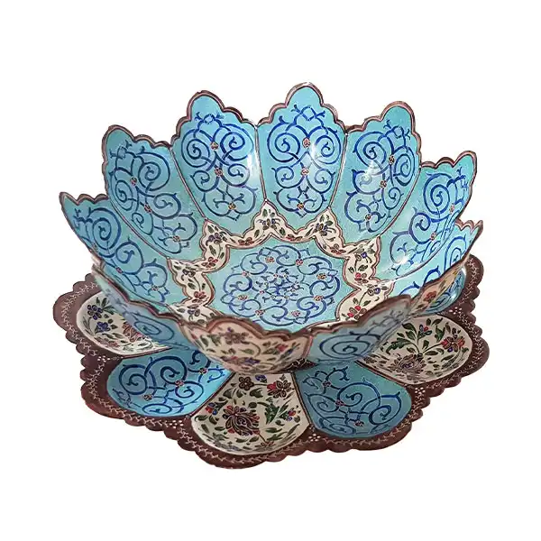 خرید ست کاسه و بشقاب میناکاری با نقوش دستساز مناسب برای سرو شیرینی و دکور داخلی