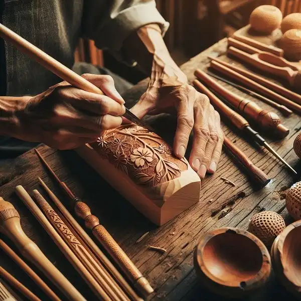 لاک‌تراشی، یکی از صنایع دستی مازندران، نمایش هنری تزئین و حکاکی بر روی ظروف چوبی مانند قندان با دقت و مهارت هنرمند.