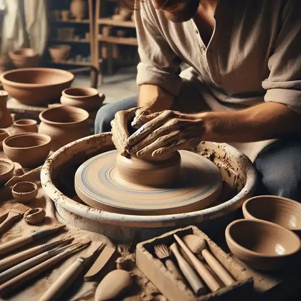 سفال‌گری، یکی از صنایع دستی مازندران، نمایش فرآیند شکل‌دهی و ساخت ظروف سفالی مانند گلدان و کاسه توسط هنرمند با استفاده از چرخ سفالگری.