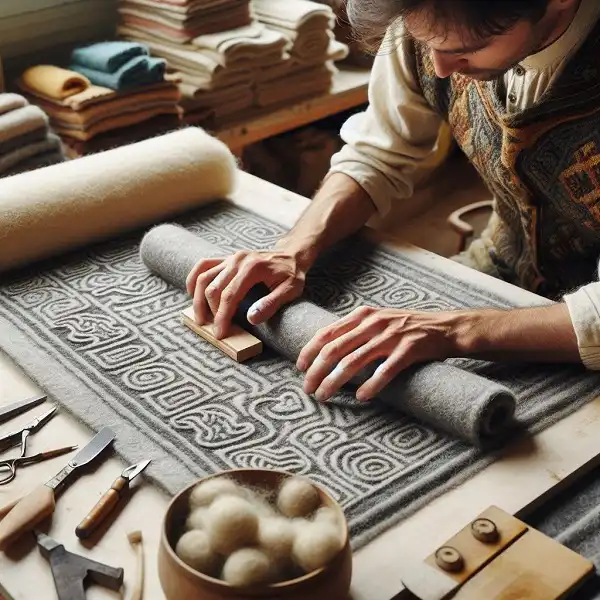 نمدمالی، یکی از صنایع دستی مازندران، نمایش فرآیند فشرده‌سازی و شکل‌دهی به پشم برای تولید آثار هنری مانند سجاده و پوشاک نمدی توسط هنرمند ماهر