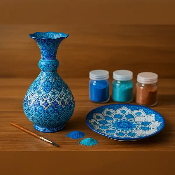میز کار یک هنرمند میناکار با ابزارهای میناکاری، قلم‌ها و رنگ‌های مینا