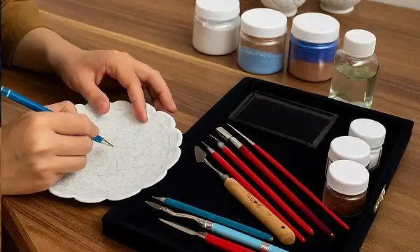 نمایی از هنرمند ایرانی در حال طراحی نقوش سنتی روی بشقاب میناکاری