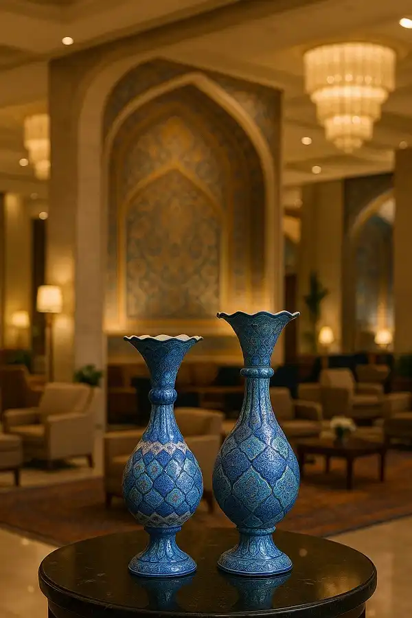 گلدان‌های میناکاری شده در لابی هتل عباسی، ترکیب هنر ایرانی با دکوراسیون مدرن