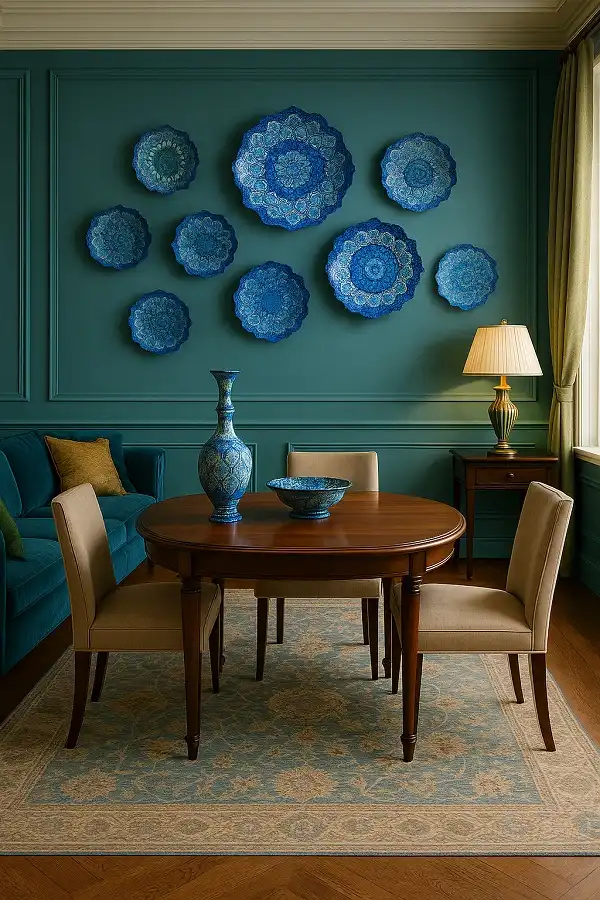 میز پذیرایی با ظروف میناکاری شامل قندان، شکلات‌خوری و گلدان، که فضا را با زیبایی و هنر میناکاری تزئین کرده است