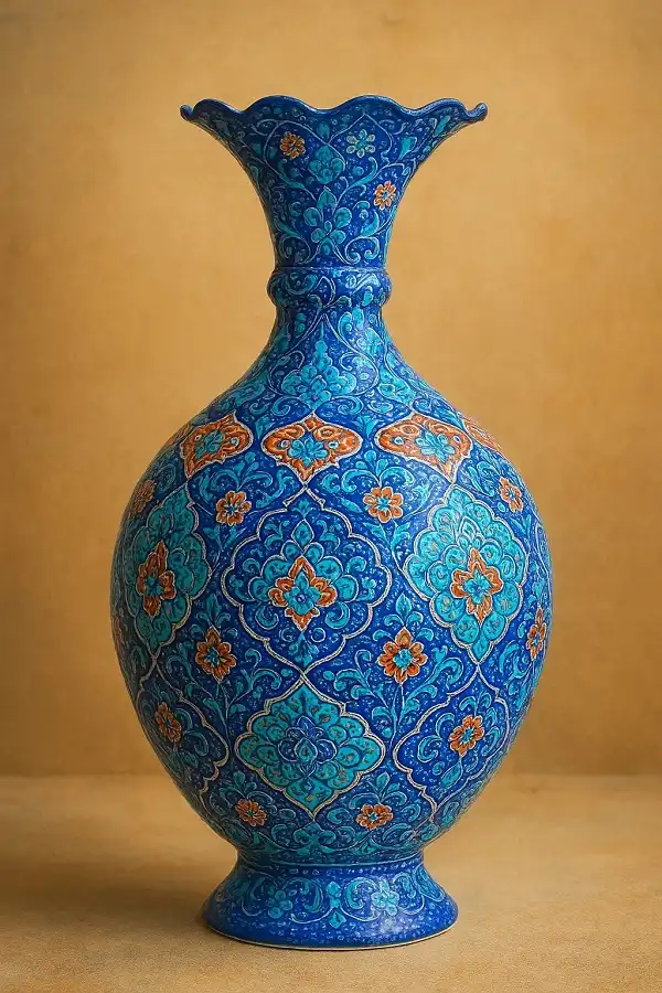 میناکاری روی گلدان مسی با نقوش سنتی ایرانی و رنگ‌های فیروزه‌ای و لاجوردی