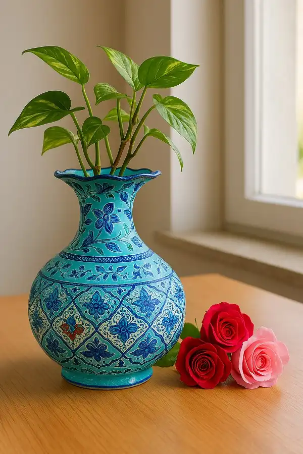 گلدان میناکاری با گلهای پتوس روی میز کنار پنجره