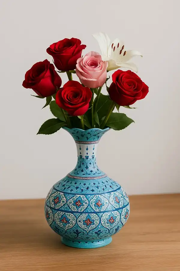 گلدان میناکاری با گلهای رز روی میز