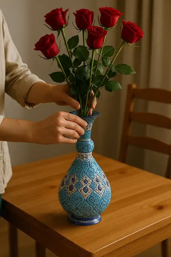 نمای نزدیک از دست هنرمند در حال گذاشتن گلهای رز ساقه بلند قرمز در گلدان میناکاری شده روی میز ناهار خوری