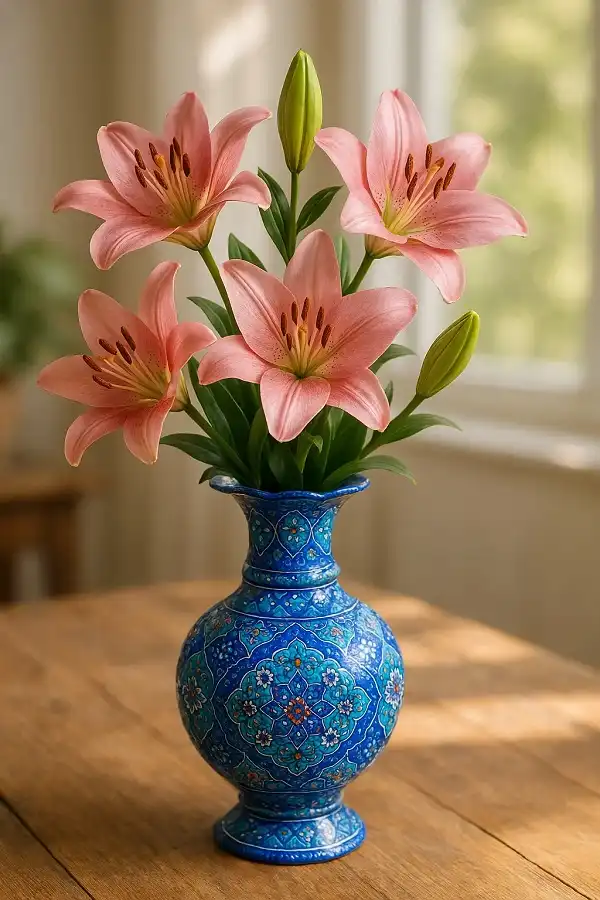 یک گلدان میناکاری خوش‌رنگ (لاجوردی یا فیروزه‌ای) با چند شاخه گل رز یا لیلیوم داخلش، روی میز چوبی با نور طبیعی