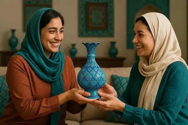 دو زن ایرانی در حال تبادل هدیه‌ای خاص شامل بهترین گلدان میناکاری شده با واکنش احساسی و شوق‌آلود